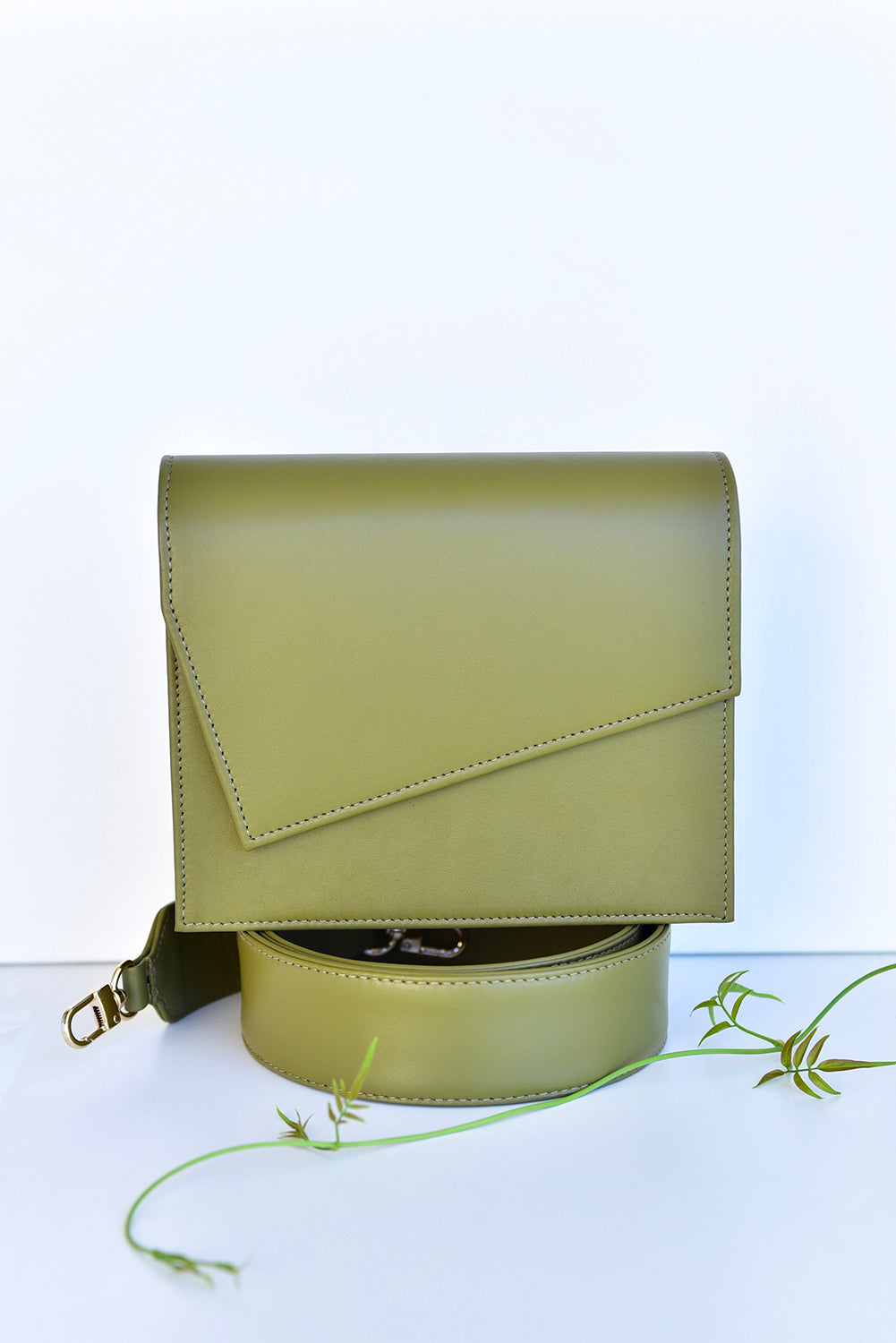 Olive green leather clutch handbag