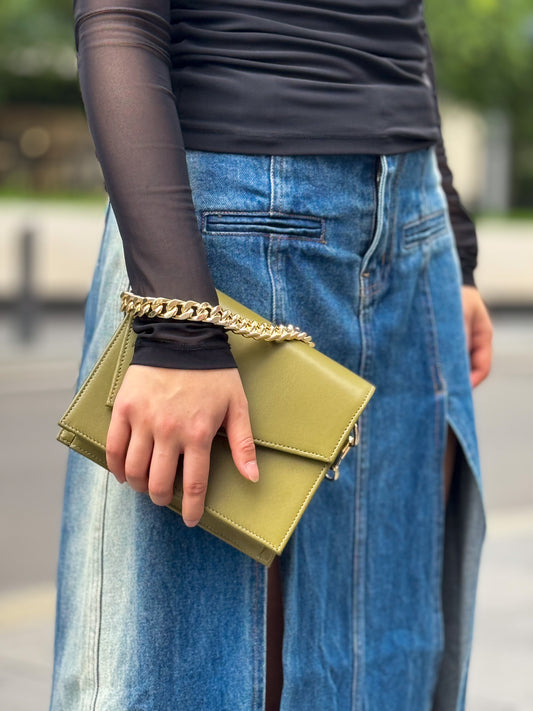 Olive green leather clutch handbag