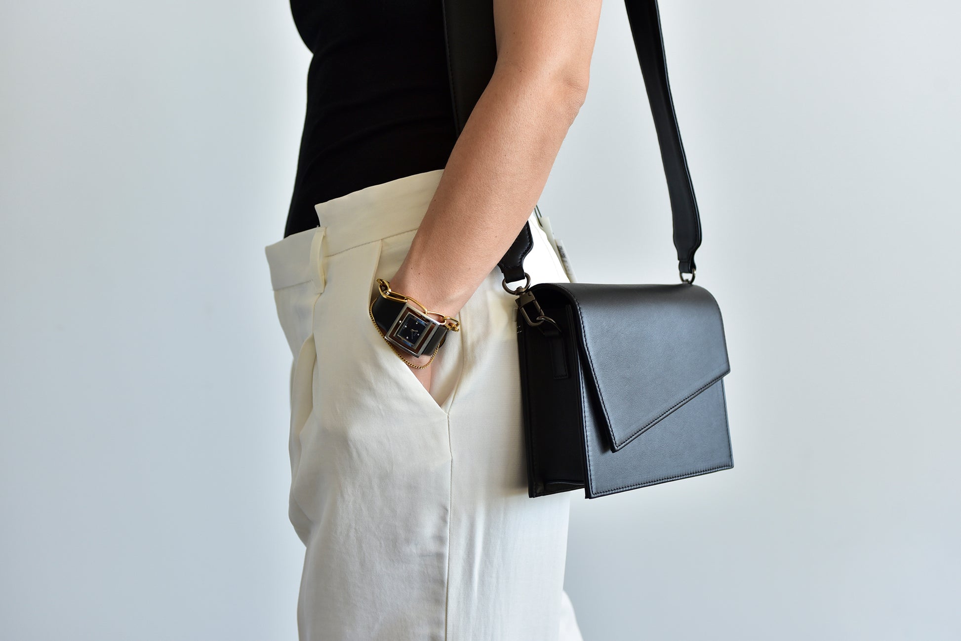 Black leather handbag made with minimalist aesthetic in mind. Handmade in Australia